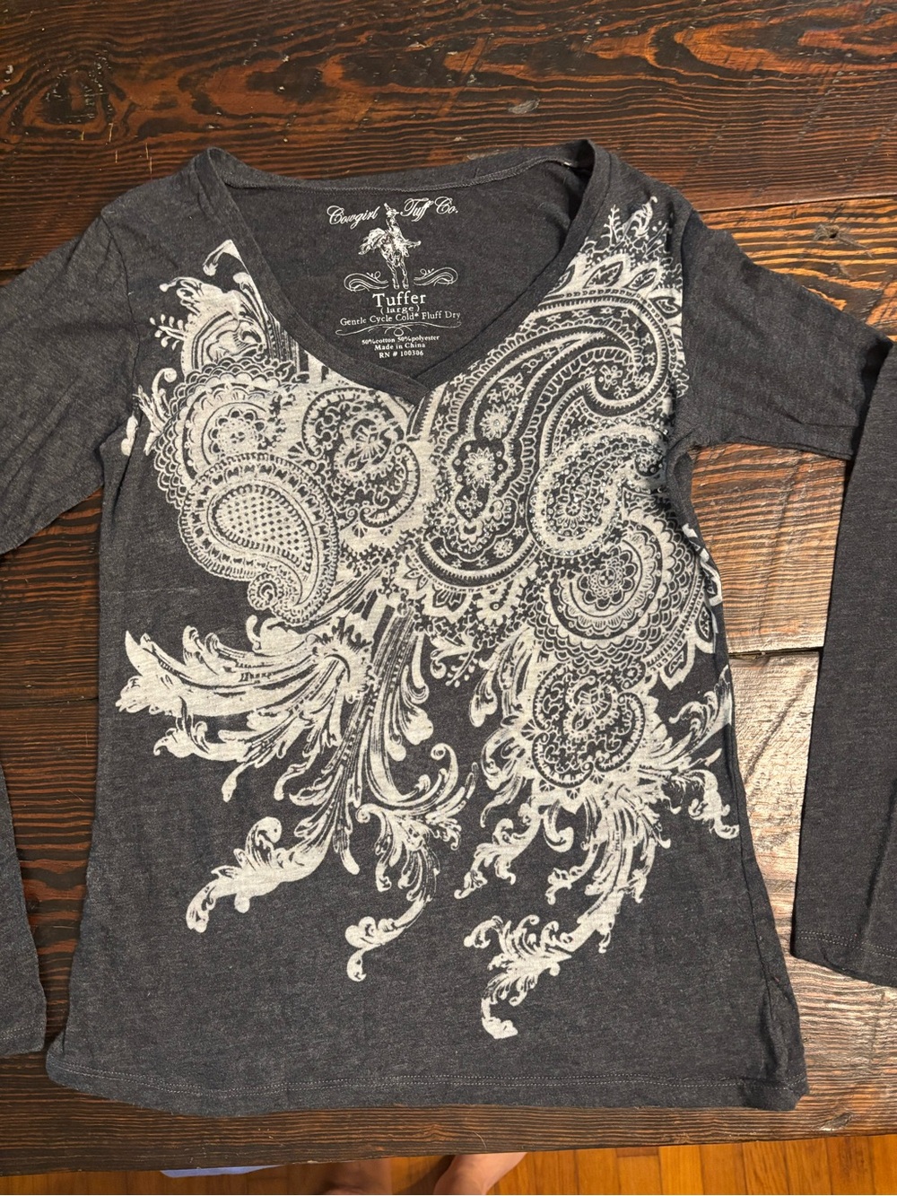 Women's Cowgirl Tough Dark Gray V-Neck Long Sleeve Top with White Paisley Print